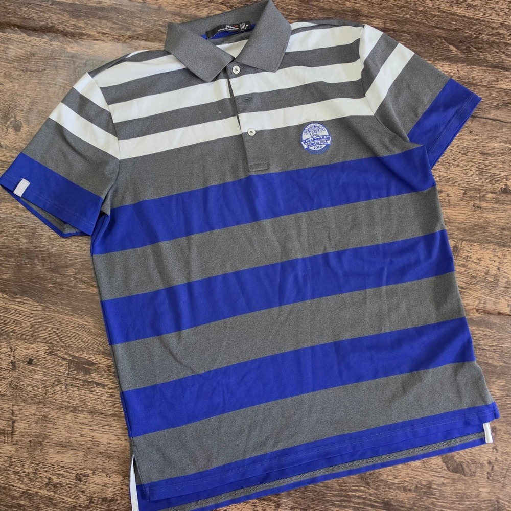 RLX Ralph Lauren Polo Shirt Mens Medium Grey Blue Striped Senior PGA Golf 2019